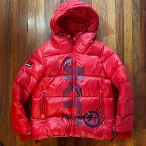 JACK1T Men’s Prime Slick Down Puffer Coat in Cherry Red & Navy Size Mens Large